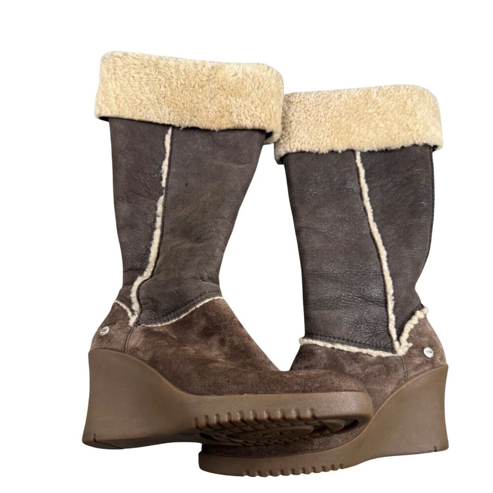 Ugg Brown Shearling Wedge Boots Womens Size 7 With Side Zipper